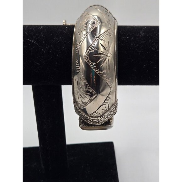 Vintage Chunky Tribal Engraved Silver Hinged Agate Cuff Bracelet Rare Incredible - Picture 10 of 12